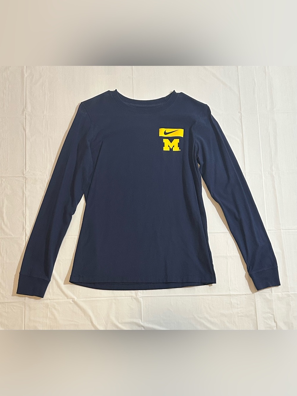 Nike Navy Long-Sleeve Tee with Yellow M & Swoosh Chest Logo